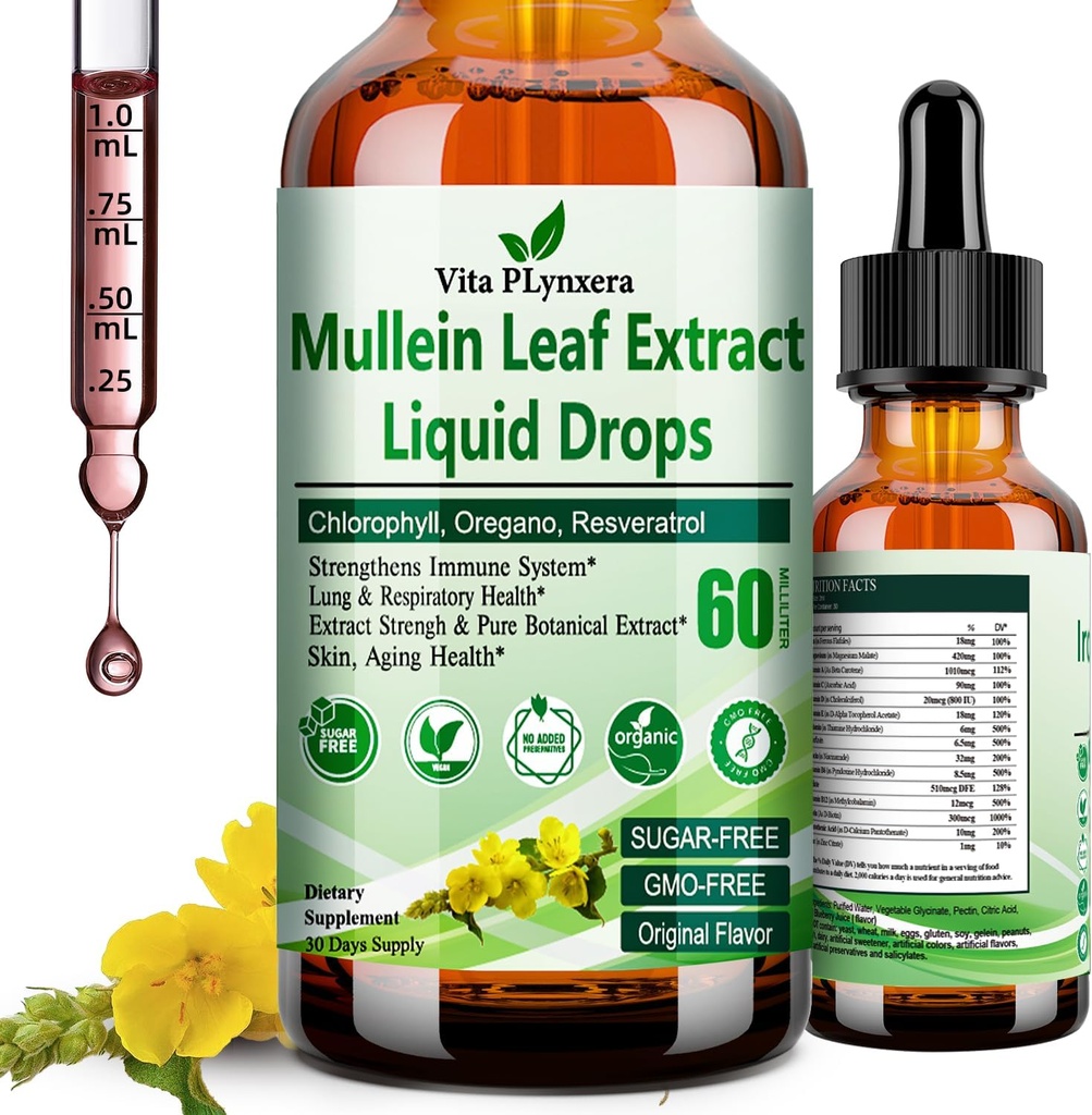 Mullein picături pentru plămâni, Organic Mullein Extract de frunze pentru Lung Detox w. Clorofill Elderberry Oregano ulei Resveratrol Mullein Tincture Alcool gratuit, Flavor original, 2 f Fl/Oz
