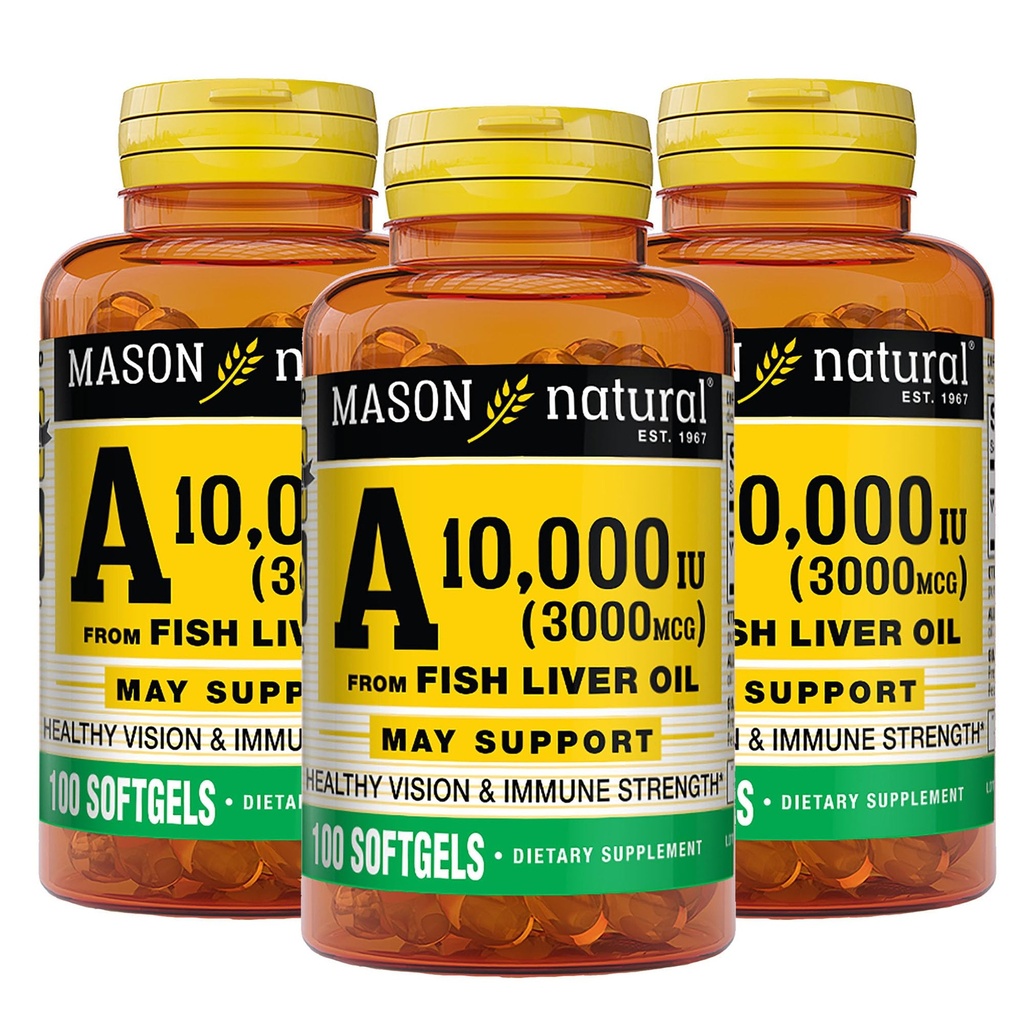 MASON NATURAL Vitamina A 3000 mcg (10000 UI) din ulei de ficat de pește, susține Vision & Imune Health, 100 Softgels, Pachet de 3