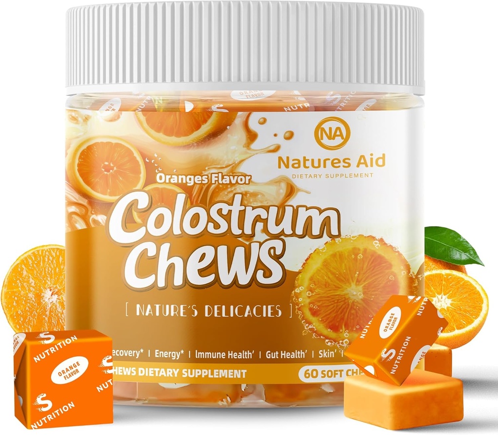 Colostrum Chews Supliment cu probiotice pentru sanatate gutoasa, Blooting, Suport Imun, Piele, Cresterea parului si frumusete - Orange Flavor (60 Servings)