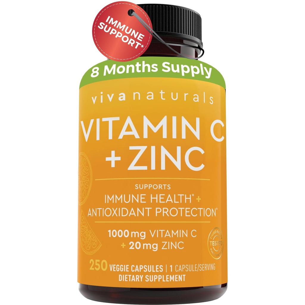 Viva Naturals Vitamina C şi Zinc Suplimente 1000mg - Zinc 20mg (250 Veggie Capsule) - Putere mare & Vitamina C cu Zinc pentru Suport Imun - non-GMO, Gluten gratuit (8 luni de aprovizionare)