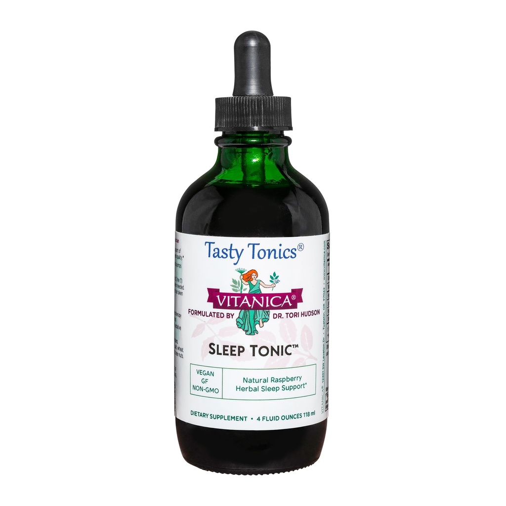 Vitanica Sleep Tonic, Natural Liquid Sleep Supplement, Dr. Formulat, Relaxare și suport calm pentru adulți, Stres Relief, Root Valerian, Lemon Balm, Floare Pasiune, Vegan, 4 Ounce