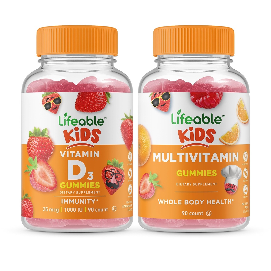 Vitamina D Lifeable Copii + Multivitamine Copii, Gume Bundle - mare Tasting, Supliment de vitamine, Gluten gratuit, OMG gratuit, Gummy Chembable