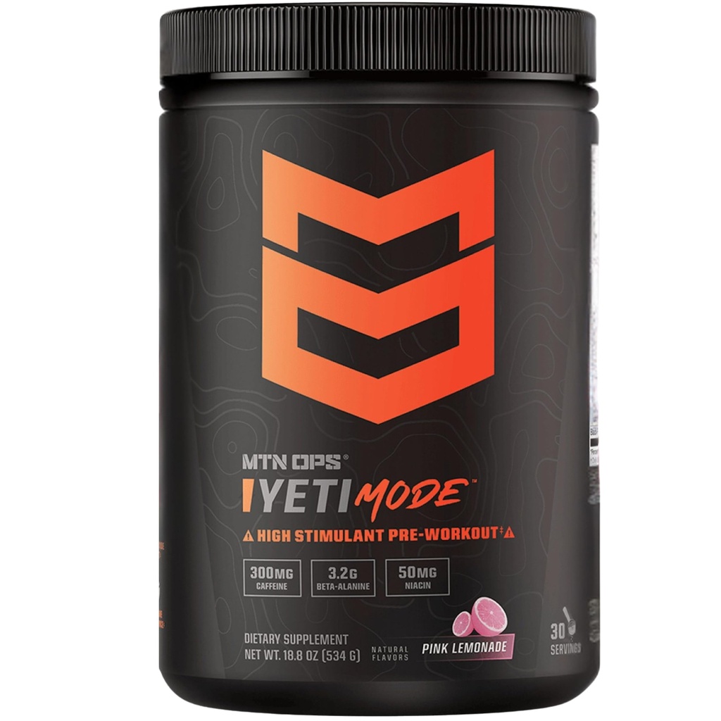 MTN OPS Mode Yeti Pre-Workout Pulbere - Explozibil de înaltă rezistență cu 300mg Cafeină, Creatină Monohidrat, Beta-Alanină, și 45mg Niacin - Roz Lemonade Aroma în 30 Servire Tub