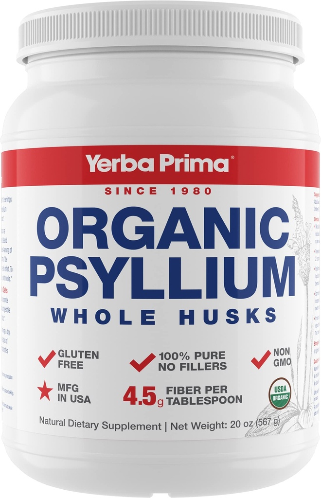 Yerba Prima Organic Psyllium Whole Husks Colon Cleanser - 20 oz - Natural Daily Dietary Fiber Supplement 20oz, Colon Cleanser, Regularity & Detox Cleansing Support, Gluten Free, Non OMG, Vegan