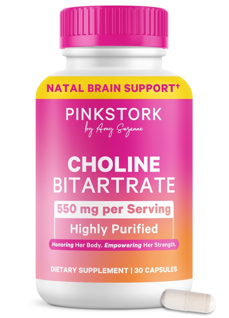 Pink Stork Choline - 550 mg Choline Bitartrate de la VitaCholine pentru gravide + Mamele postpartum - Vitamina prenatala pentru sanatate cognitiva fetala + calitatea laptelui matern - 1 capsule zilnic, 30 Conte