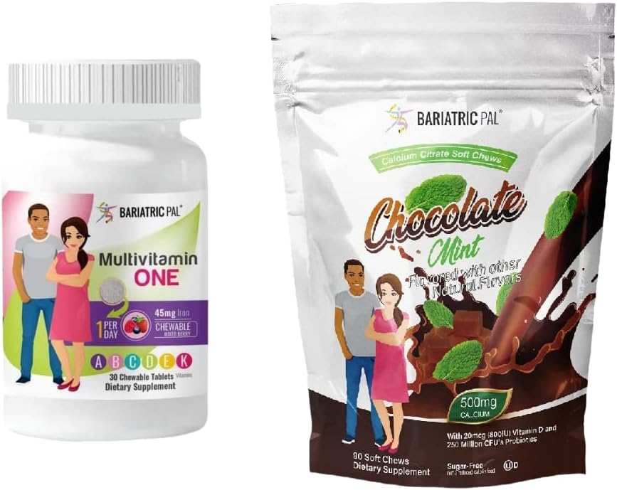 BariatriciPal 30-Day Bariatric Vitamina Bundle (Multivitamine ONE 1 pe zi! Mesteca cu 45mg fier - mixt Berry si calciu Citrate Soft Chews 500mg cu Probiotice - Ciocolata menta)