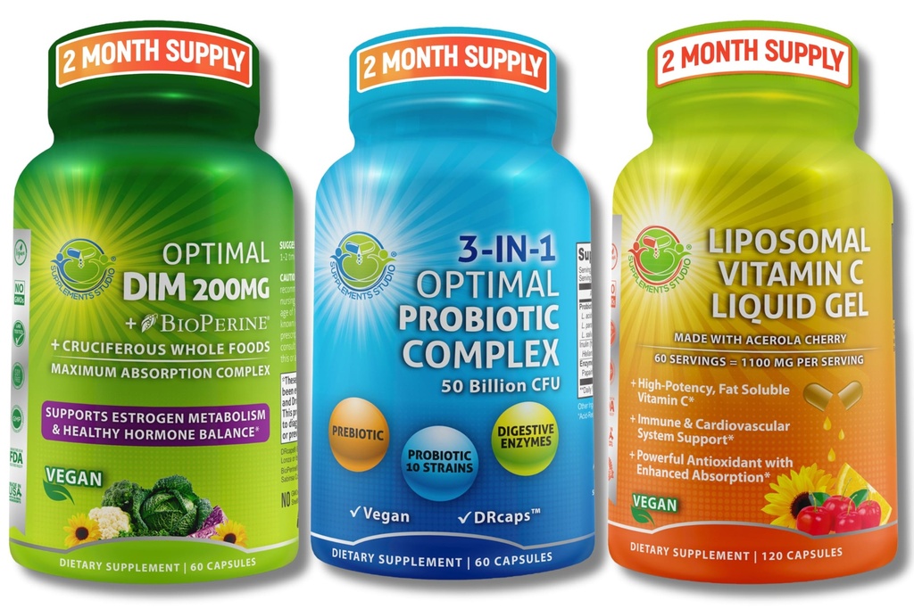 Horgonal, Digestive & Immune Support Bundle - DIM 200mg cu BioPerine® & Crucifere Whole Foods + Vegan 3-in-1 Probiotic 50 Miliarde CFU + Vitamina lipozomal C 1100mg cu Acerola Cherry - No Fillers