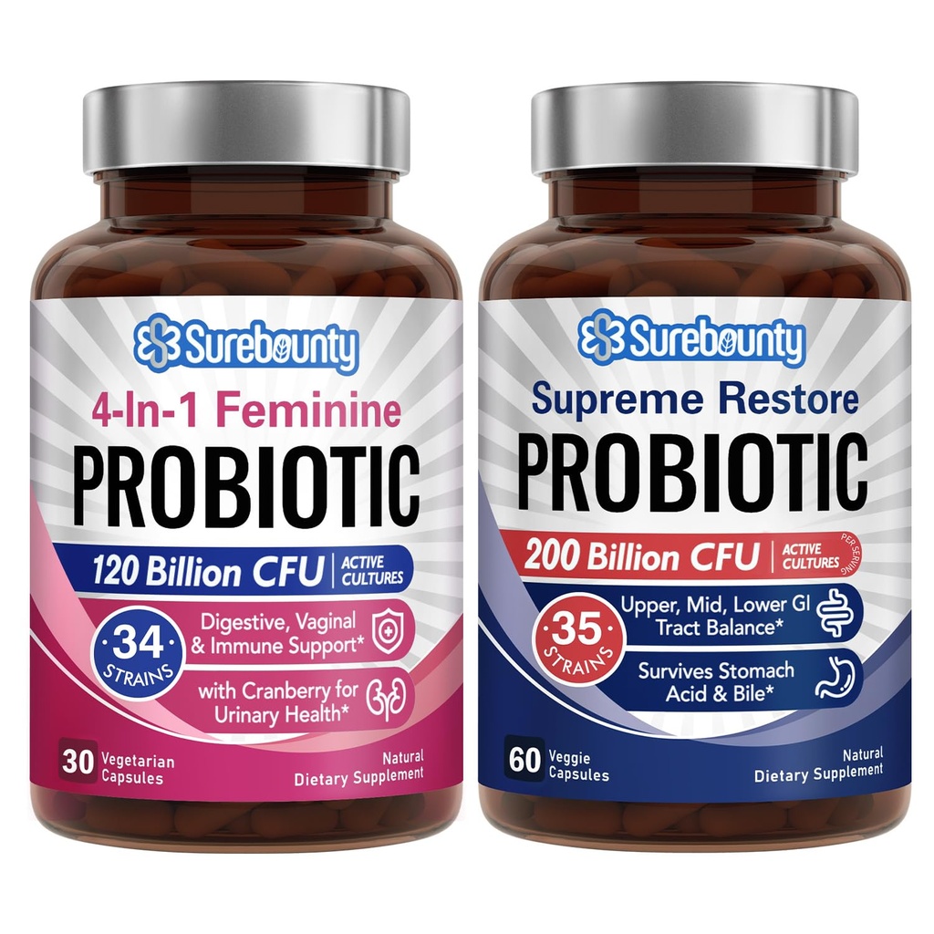 Probiotic Bundle, 4-in-1 Feminin Probiotic (30ct) & Supreme Restore Probiotic (60ct), 2 Packs, Cranberry Vaginal Support, GI Tract Balanta, Vegan, Non-Dairy