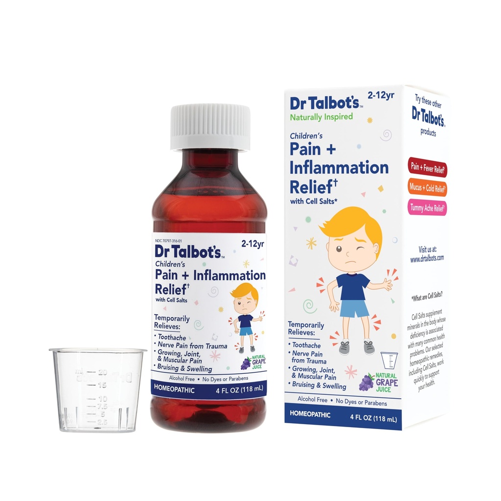 Talbot's Pain + Inflamation Relief Liquid Medicine for Children, Includes Drop Cup, Grape Juice Flavor, 4 Fl Oz (Packaging May Vary)
