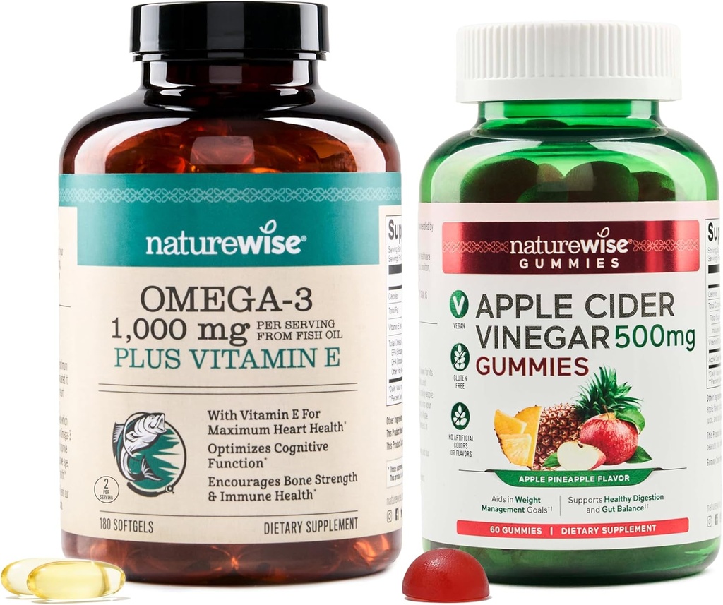 NatureWise Omega-3 ulei de pește 1000mg cu E 18000Count+ Cidru de mere Otet Gumries 500mg cu B12, 60-Count (Vegan Gummy) - Bundle for heart, Eye, Digestive Health - Gluten Free, Soy-Free, Non-GMO