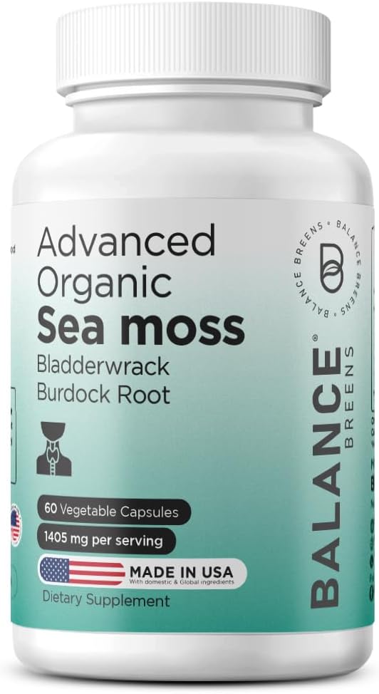 Organic Irish Sea Moss, Bladderwrack & Bredock Root Supplement 1405mg, 60 Veg Capsule - Immune Booster, Gut Health, Skin Detox & Joint Support (60 Count (Pachet de 1)