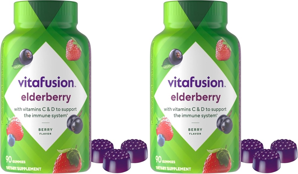 Vitafusion Elderberry Gummy Vitamine, 90ct Elderberry Gummy Vitamine, Mestecables, 90 Count (Pachet de 2)