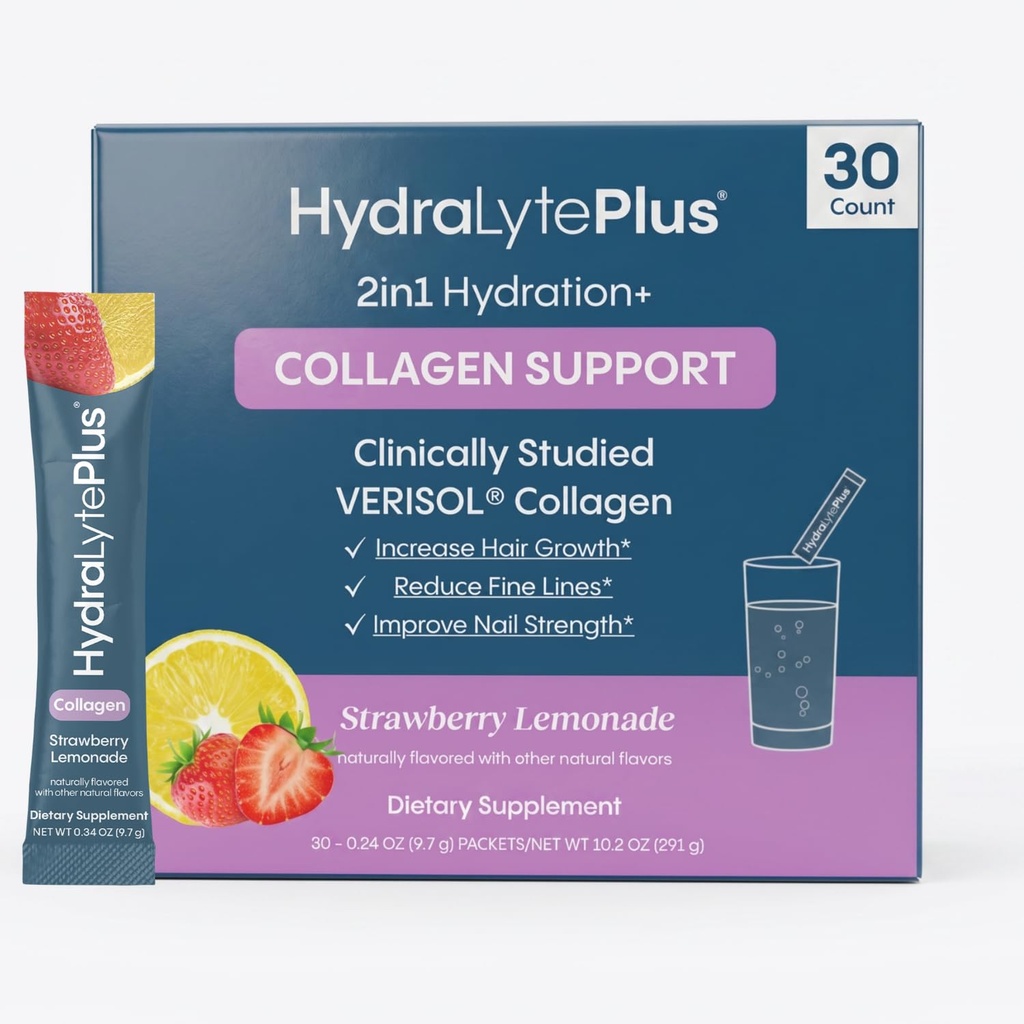 Hidralyte Verisol Colagen Packets cu Electroliți, Pachete de hidratare cu colagen pentru femei și bărbați, Electroliti pulbere cu Colagen pentru călătorie și hidratare zilnică cu vitamina C (30 Conte)