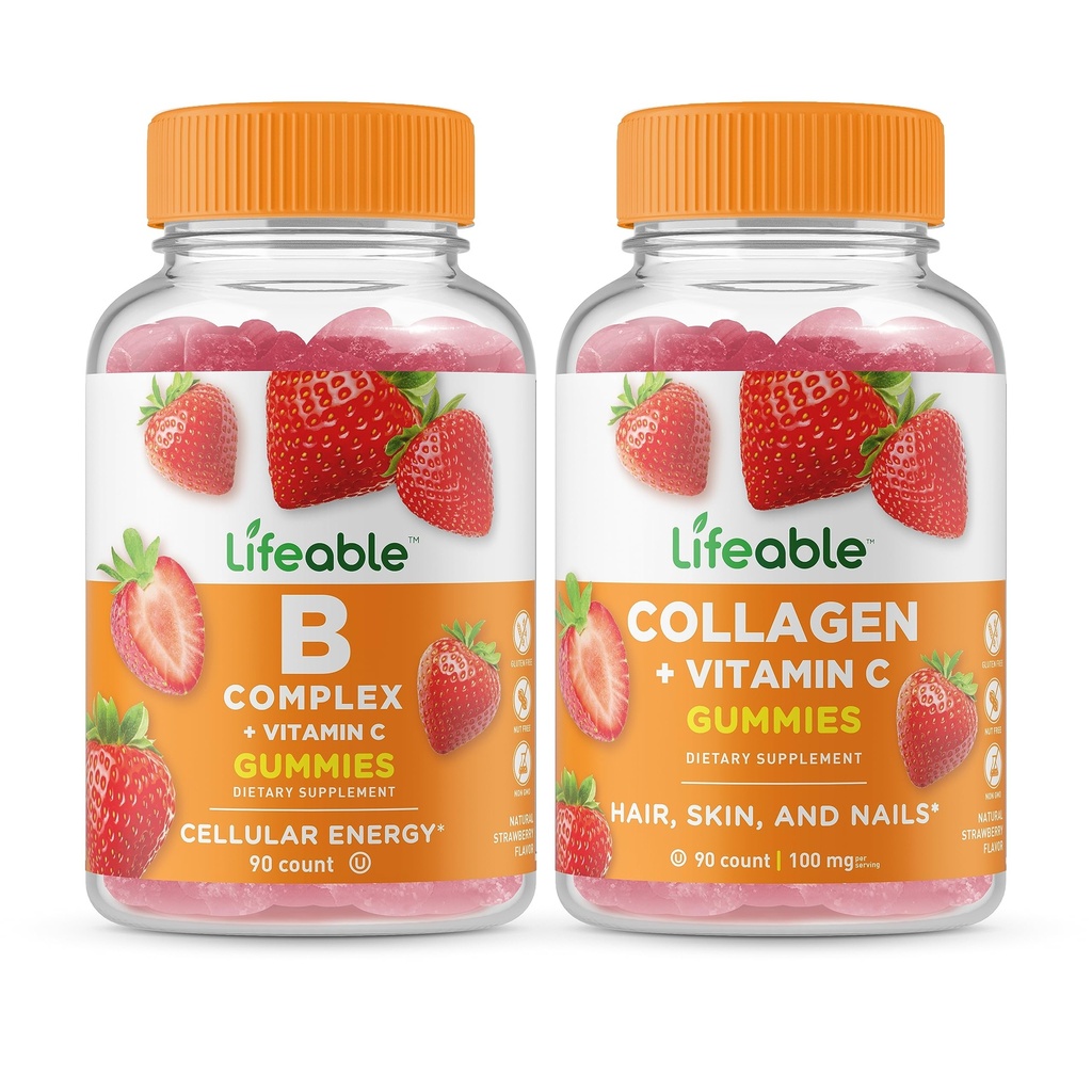 Complex B Lifeable + Colagen & Vitamina C, Gummie Bundle - mare Tasting, Supliment de vitamine, Gluten gratuit, OMG gratuit, Guma de mestecat