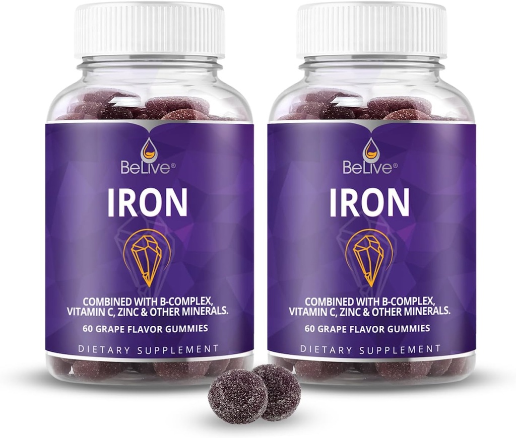 Gume de fier BeLive - Multivitamine Suplimentul de fier cu vitamina C, A, B & Zinc, Suporturi Oxigen de sange, Suplimente Vegane pentru femei, Barbati si copii pentru crestere si dezvoltare - Aroma de struguri