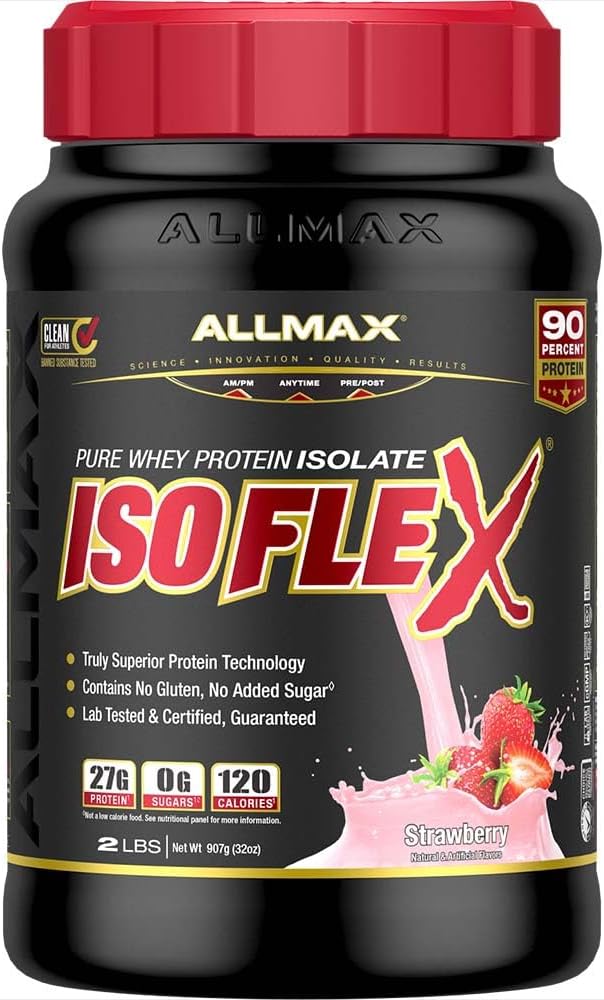 Allmax Nutrition ISOFLEX Izolat de proteine, căpșuni - 2 lb - 27 grame de proteine per scoop - Zero grăsime și zahăr - 99% Lactoză - gluten liber și soia - Aproximativ 30 Serviri