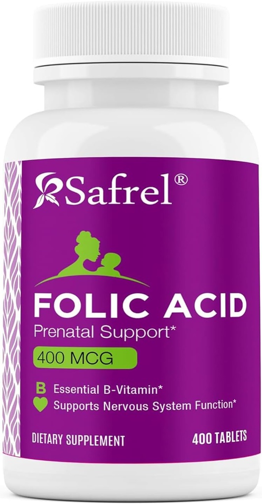 Acid folic Safrel 400 mcg - Vitamina B9-400 Tablete, Vitamina prenatala si postnatala esentiala pentru dezvoltarea fetala, Productia de celule rosii din sange, dezvoltare celulara si neurala