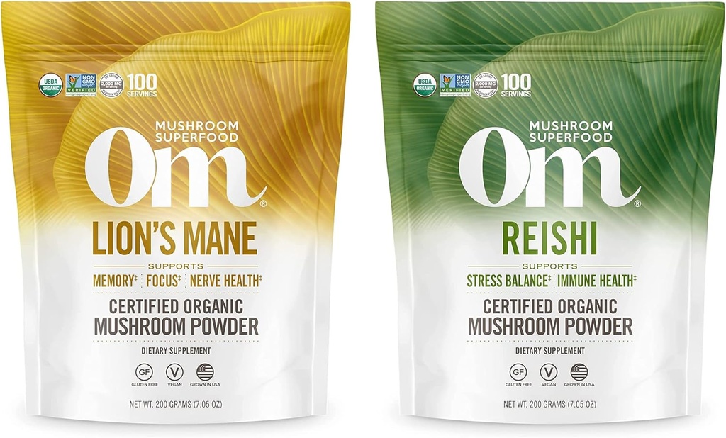 OM MUSHROOM SUPERFOOD 7.05oz Bundle, Lion's Mane & Reishi Organic Mushroom Powder, 200 Servings