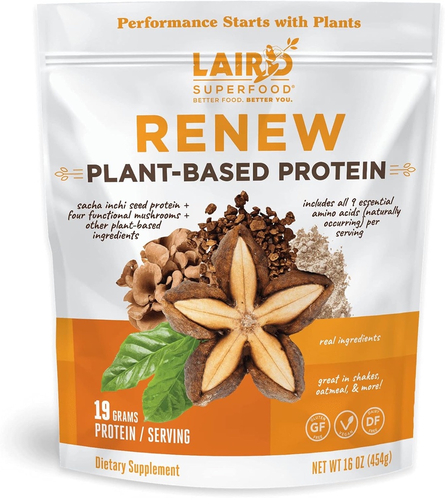 Laird Superfood Reînnoirea pulberii de proteine pe bază de plante, 19 Grams Proteine, Vegan cu Sasha Inchi Seed Proteine, Patru Ciuperci Funcționale, Conservative Free, Gluten-Free, Dairy-Free, 16 oz. Sac