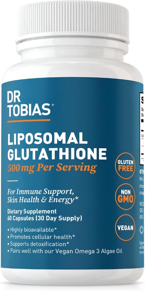 Dr. Tobias Liposomal Glutatione, 500 mg Per Serving - Suplimentul Glutatione extrem de biodisponibil, Sprijină Energie, Skin & Immune Health - Vegan, Gluten-Free, Non-GMO, 60 Capsule, 30 Servings