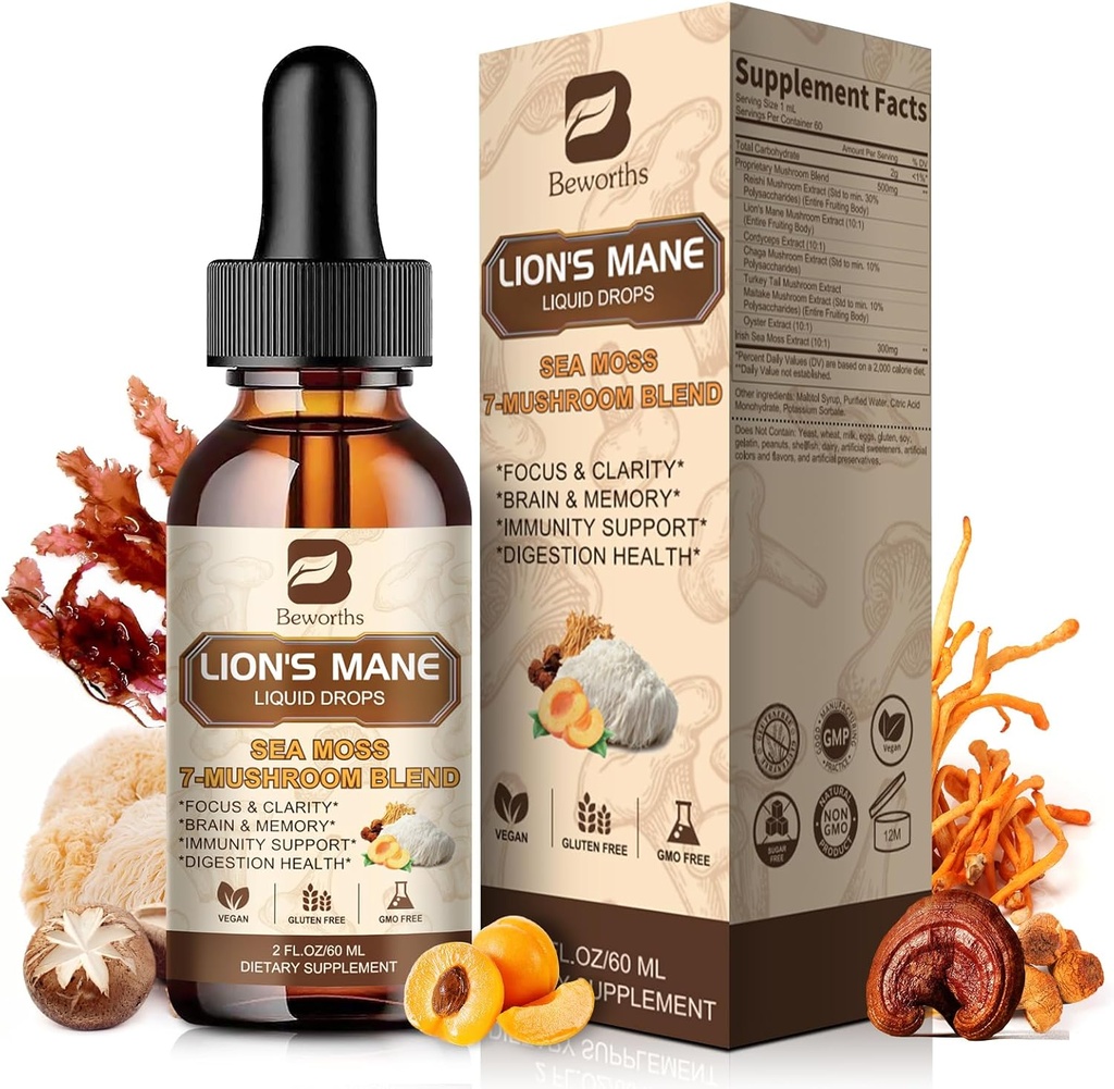 Lions Mane Mushroom Liquid Drops, 8 in 1 Mushroom Complex Supplement with Irish Sea Moss, Chaga, Turkey Tail, Cordyceps & More for Brain, Focus, Cognitive & Immune Support, Vegan, Peach Flavor, 60mL