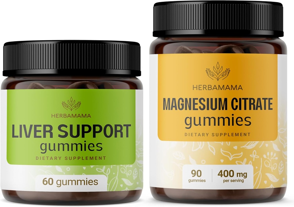 Complexul de suport hepatic HERBAMAMA și Kitul de magneziu - Bundle of Liver Support Herbal Complex & 400 mg Citrate de magneziu Gumies - Vegan, Non-GMO, Gelatină-Free - 2 Pack