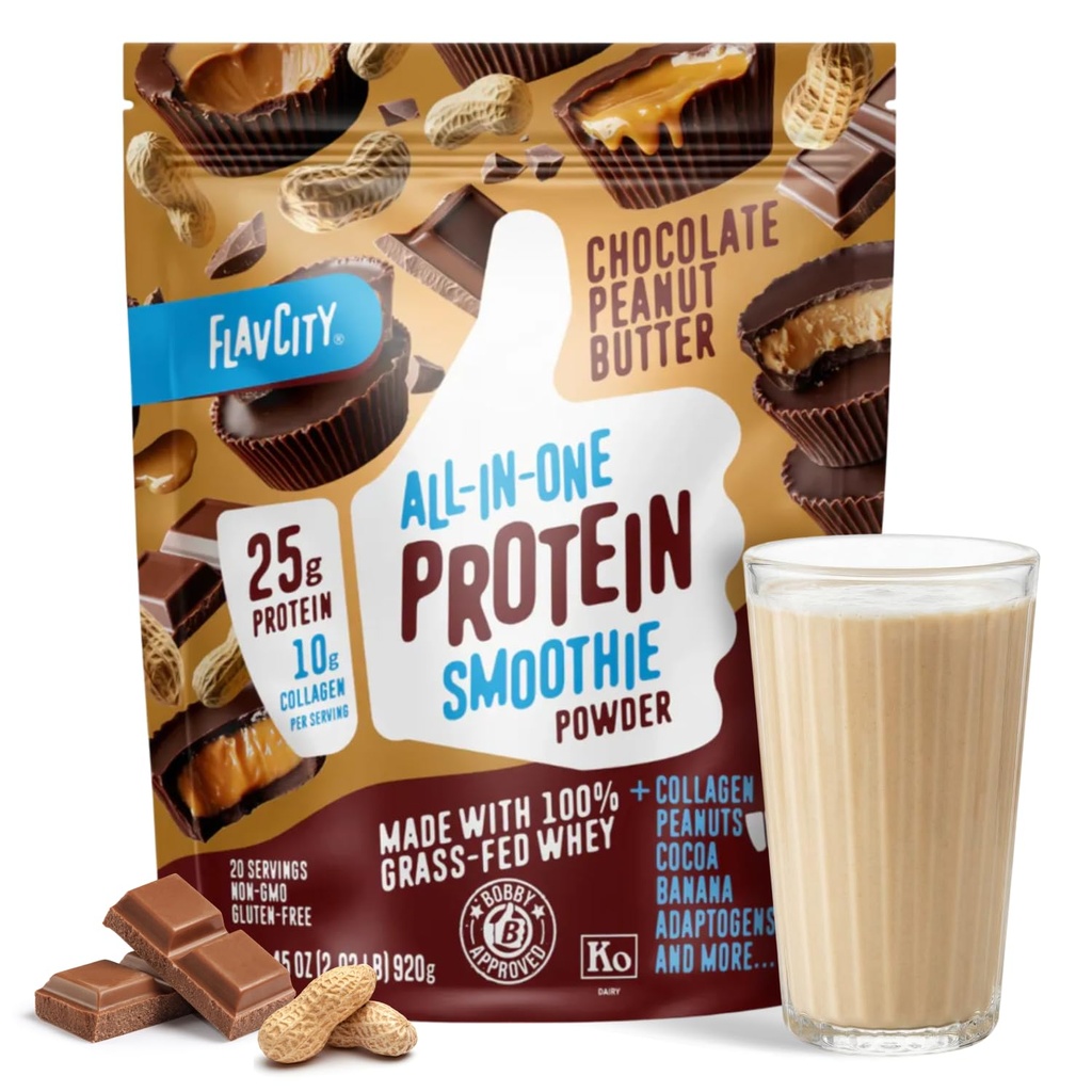 FlavCity Grass Fed Whey Praf de proteine de ciocolată - Unt de arahide de ciocolată - 25g Proteina & 10g Colagen - Made with Organic Cocoa & Coconut Milk - Gluten Free & No Added Sugars (20 Serviri)