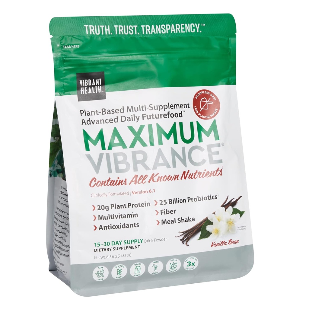 Sanatate vibranta, Vibranta maxima, Superalimentare pe baza de plante cu o Multivitamine, Proteine si 25 Miliarde CFU de Probiotice, Vanilie, 15 Punga de servire