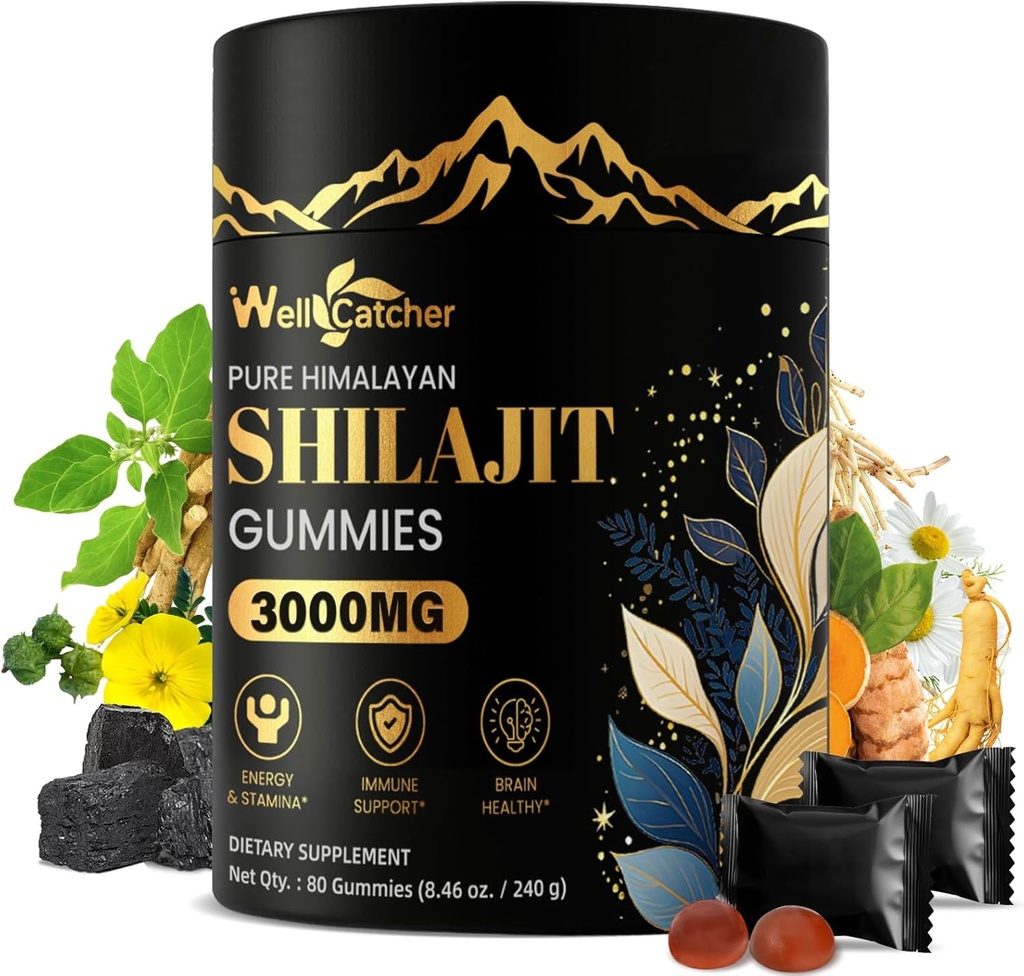 Gume Shilajit pentru barbati Femei: Shilaj organic pur Himalayan cu Ashwagandha 85+ Minerale Trace & Acidul pelvian Înfăşurat individual pentru sprijinul pentru imunitatea creierului energetic Nu Sugar 40 Serviri