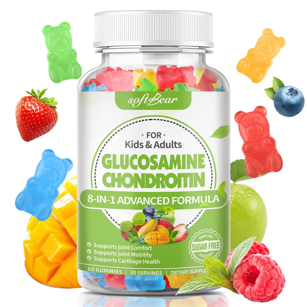 urs moale Glucosamină Chondroitin Gumies pentru adulți, Condroitin fără zahăr și Glucosamine Suplimente nutriționale pentru sprijin comun, aromă de fructe mixte, 60 Conte