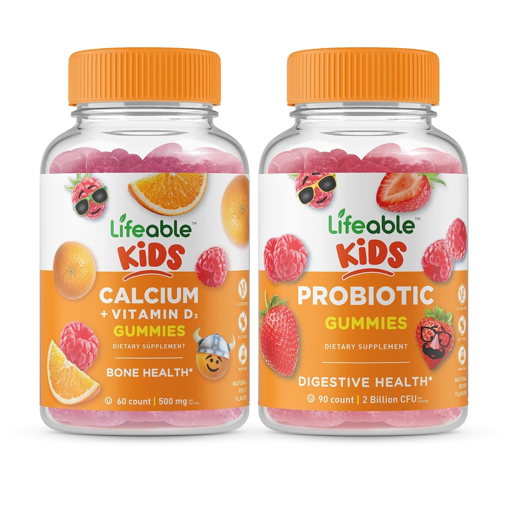 Calciu de viață cu vitamina D Copii + Probiotic 2 miliarde CFU Copii, Gume Bundle - mare Tasting, Supliment de vitamine, Gluten gratuit, OMG gratuit, Gummy masticabil