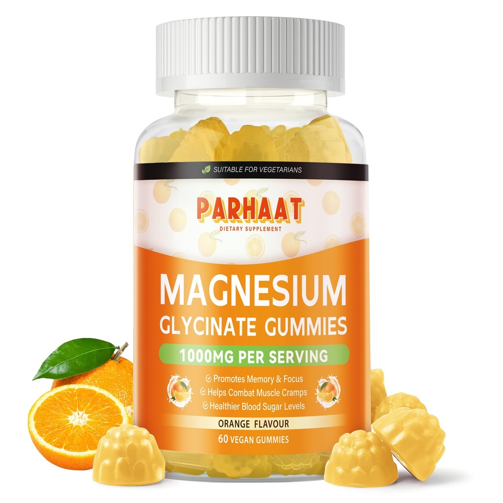 Magneziu Glycinate Gumries 1000mg - Sugar gratuit de magneziu supliment de potasiu cu vitamina D, B6, CoQ10 pentru calm Mood & Sleep Support - 60 Orange Gummies