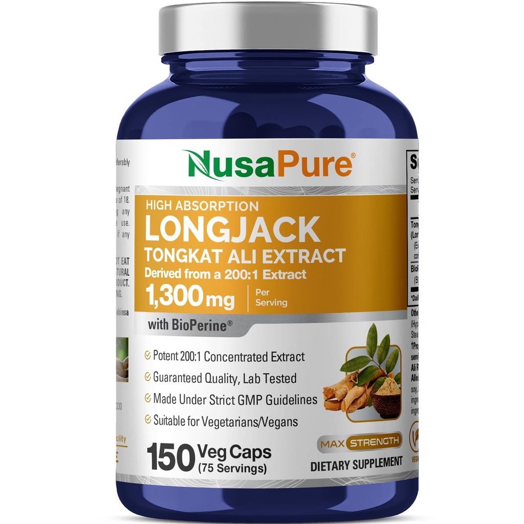 NusaPure Longjack Tongkat Ali 260.000 mg 150 Veggie Caps (Non-GMO, Gluten Free) Bioperine
