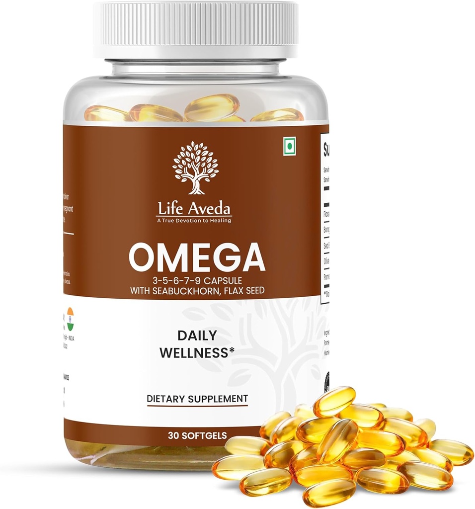 Life Aveda Omega 3-5-6-7-9 Capsule pentru bărbați și femei cu Seabuckhorn și semințe de in, Suporturi inimă, păr, Skin & Joint Health and Natural Nutrition- 30 capsule Softgel (1 lună de aprovizionare)