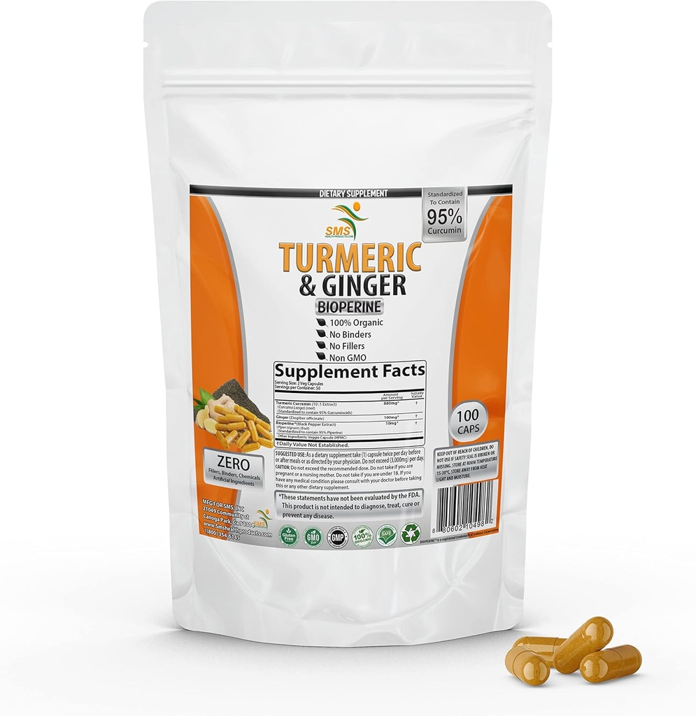 Curcumina turmerica cu ghimbir, Pepper negru BioPerine, 95% Curcuminoide, 95% Curcuminoide standardizate & Bioperine pentru potenta & Absorbtie, Supliment Tumeric, Made in USA - 100 Capsule vegetale
