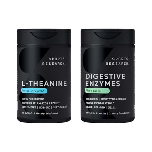 Cercetare sportivă Dublă Putere L-Theanin Supliment Suntheanine Softgels pentru focalizare, relaxare și alertă cu ulei de cocos 60 Conte și enzime digestive + Probiotice și ghimbir pe bază de 90 Conte