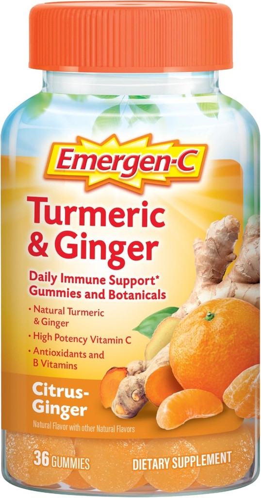 Emergen-C Citrus-Ginger Gummies, Turmeric si Ginger, Immune Support aroma naturala cu vitamina C de mare potenta, Inapoi la esenta scolii - 36 Conte