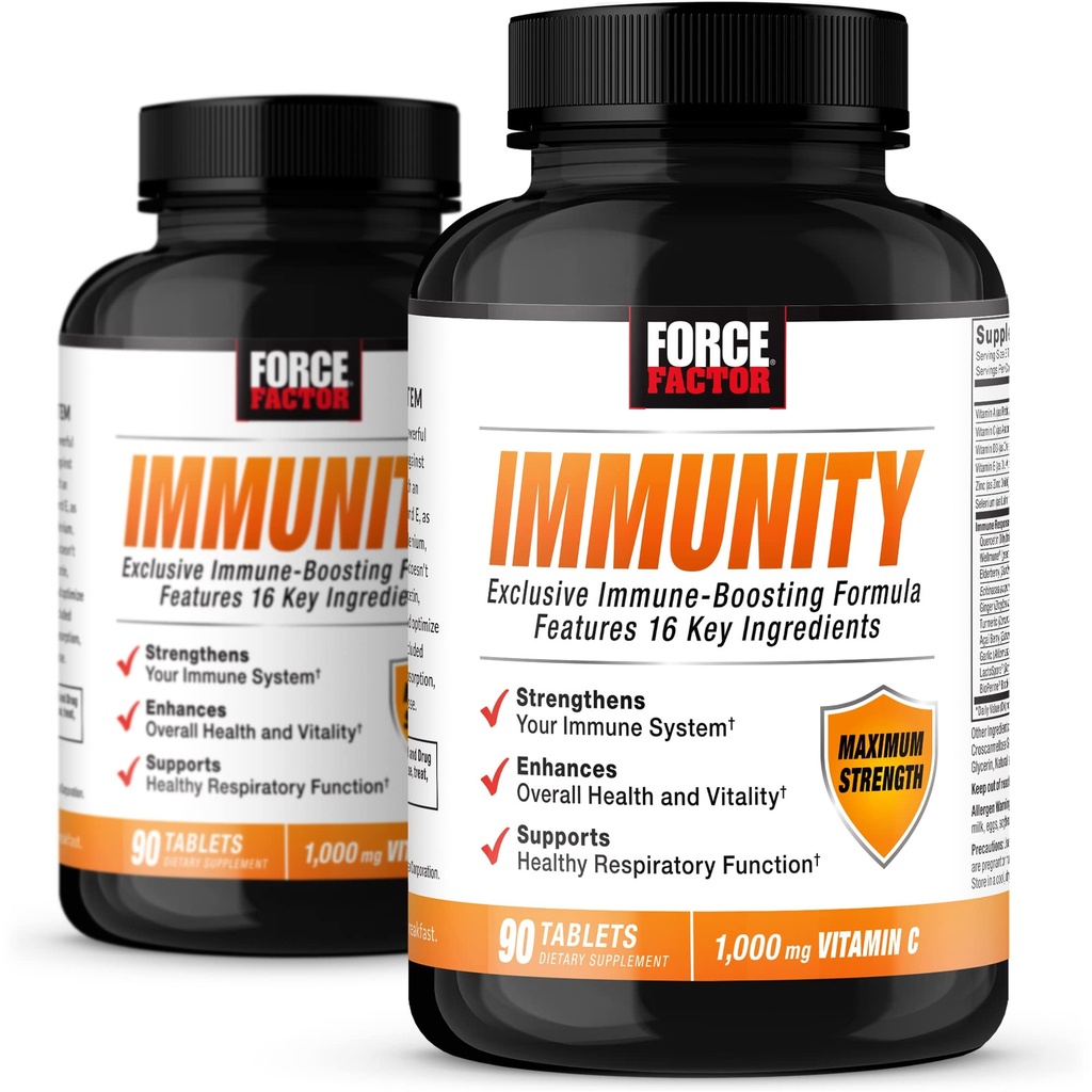 Force FACTOR Imunity, Immunity Support Booster cu Elderberry și 1000mg de vitamina C, Plus Vitamina D, Zinc, Probiotice, Antioxidanti, și Echinacea pentru Immune Health Defense, 90 Count (Pack of 2)