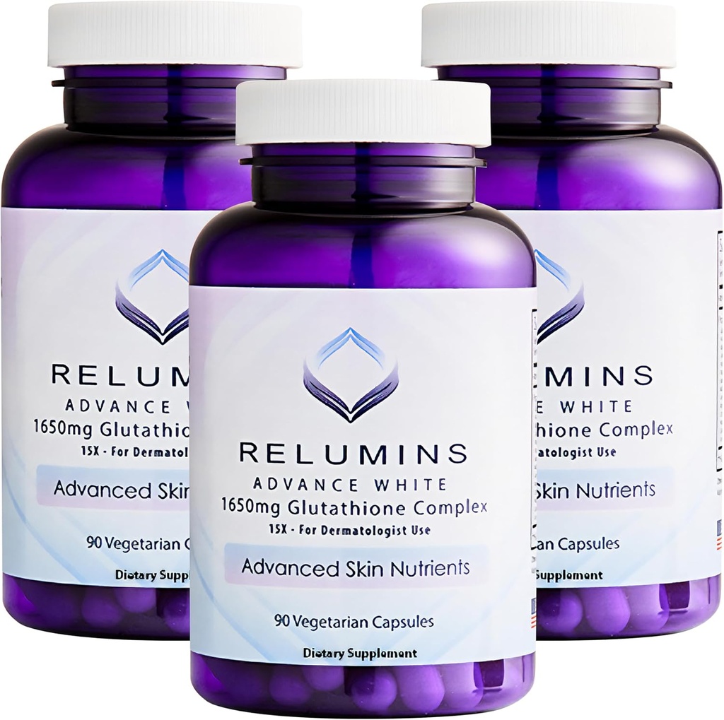 Relumins L-Glutatione Complex 1650mg - Suport antioxidant cu acid alfa lipoic, NAC, L-Metionina, Vitamina E, Suplimentul de sanatate a pielii, Made in USA - 90 Capsule vegetariene x 3 Sticle