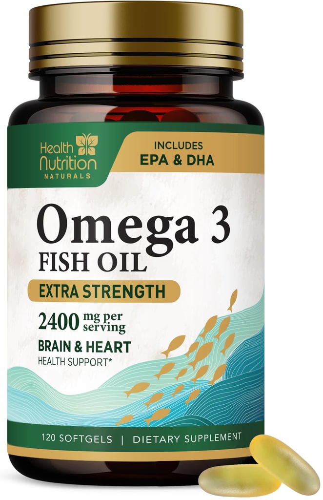 Omega 3 ulei de pește 2400 mg - Triple Putere Omega-3 Suplimente - Natural Brain Heart Health & Imunity Support - Acidi grasi cu EPA & DHA - Wild Caught supliment de ulei de pește purificat - 120 Softgels
