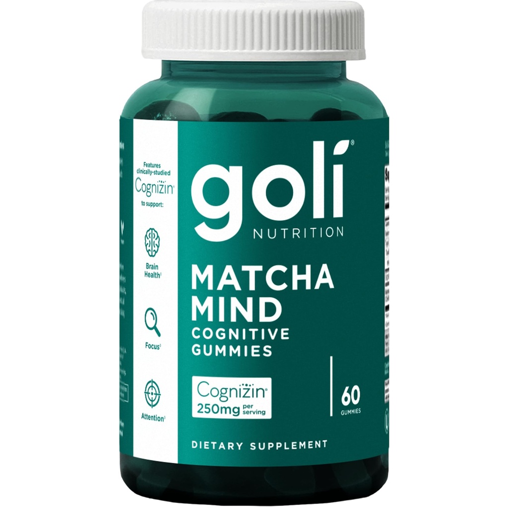 Goli Matcha Mind Gummies - 60 Count - Ceai verde Frunze pulbere cu Cognizin pentru Focus, Atenție și Sănătate Creier, Vegan, Non-GMO, Gluten-Free & Gelatină gratuit.
