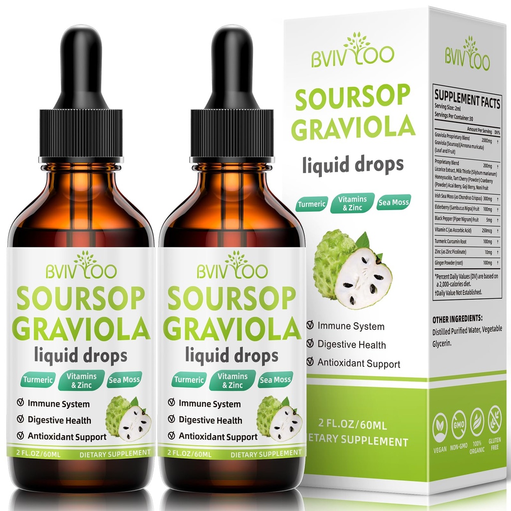 2 pachet Soursop Graviola picături lichide - 2000 mg extract Soursop pur amestecat cu 300mg Sea Moss & 100mg Elderberry - Suport puternic pentru celule, Antioxidant-Rich, Imun-Boosting - 4 Fl Oz (120ml) Flacon