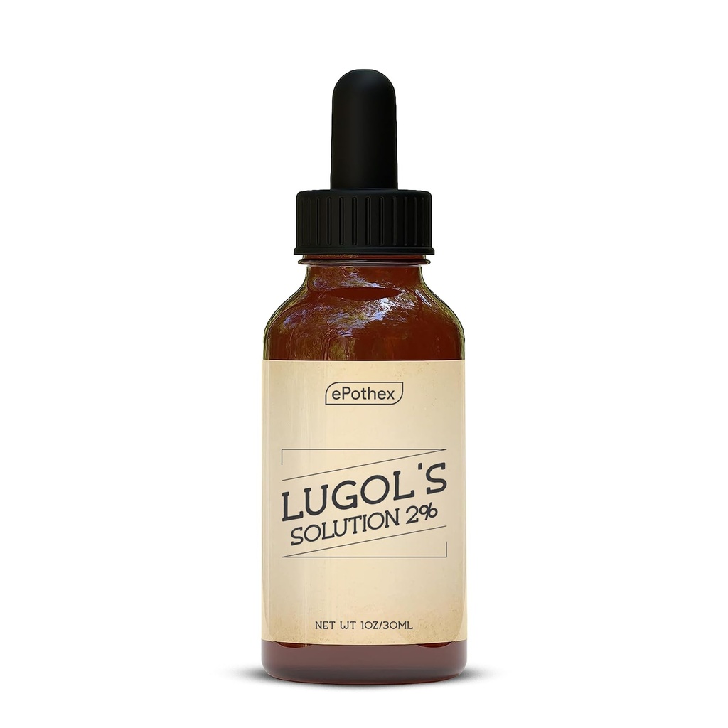 Soluţia lui Lugol 2% 1 oz flacon picurător de sticlă. Conține iod și iod de potasiu, 30ml