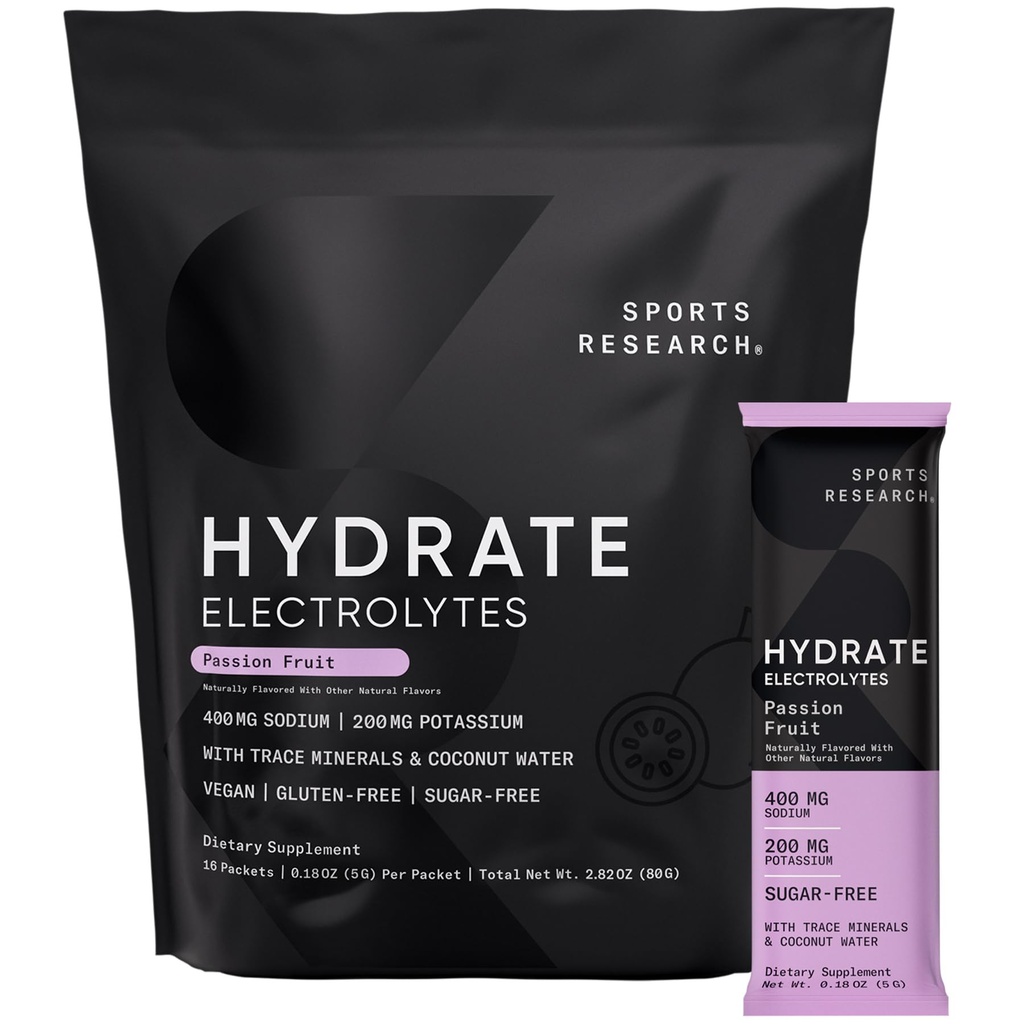 Sports Research® Hidrate Electrolytes Pachete cu pulbere - Zahar-Free și natural arovărate cu vitamine, minerale și apă de nucă de cocos - Sprijină hidratarea - 16 Pachete - Fructe de pasiune