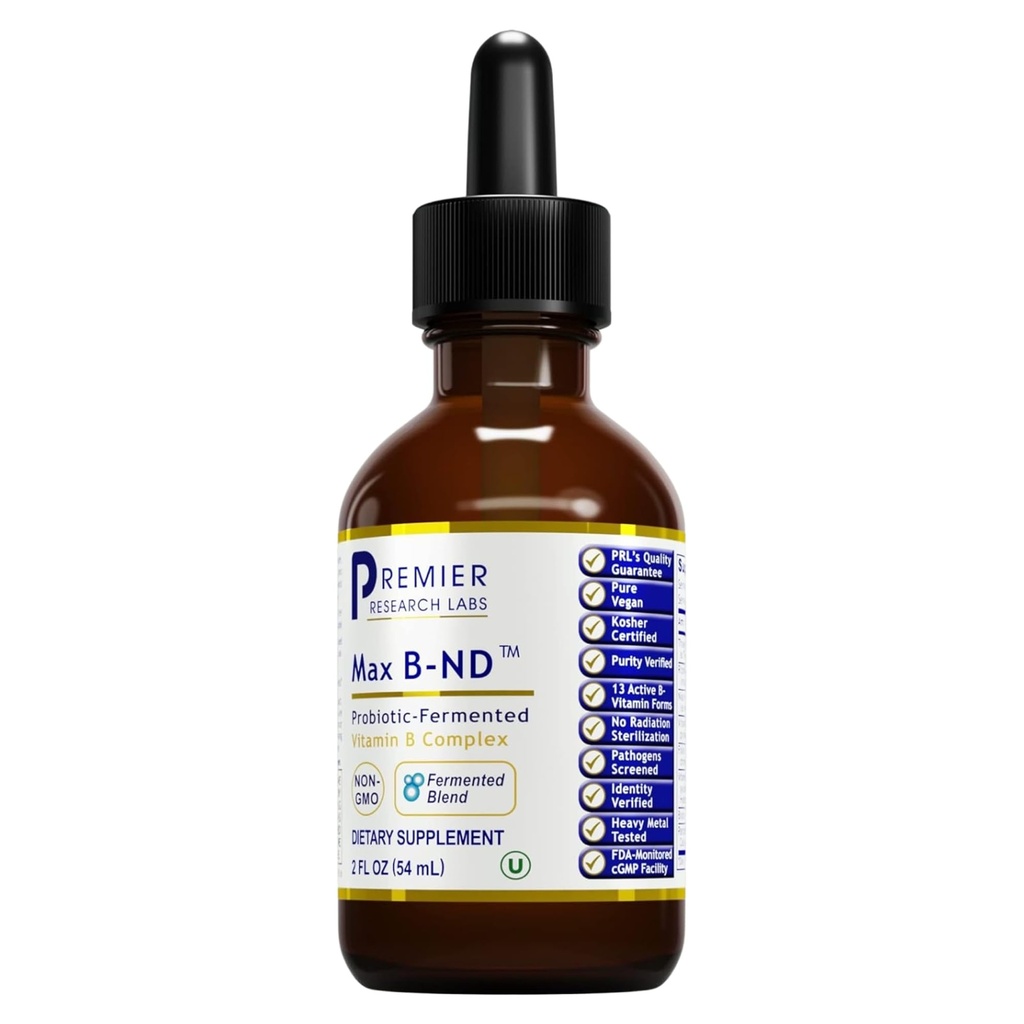 Premier Research Labs Max B-ND Liquid Vitamina - B-complex pentru ficat si sanatate cerebrala - Picături sublinguale pentru energie, suport imun si adrenal - 2 fl oz - Thiamin, B12, B6 & More - pentru barbati, Femei