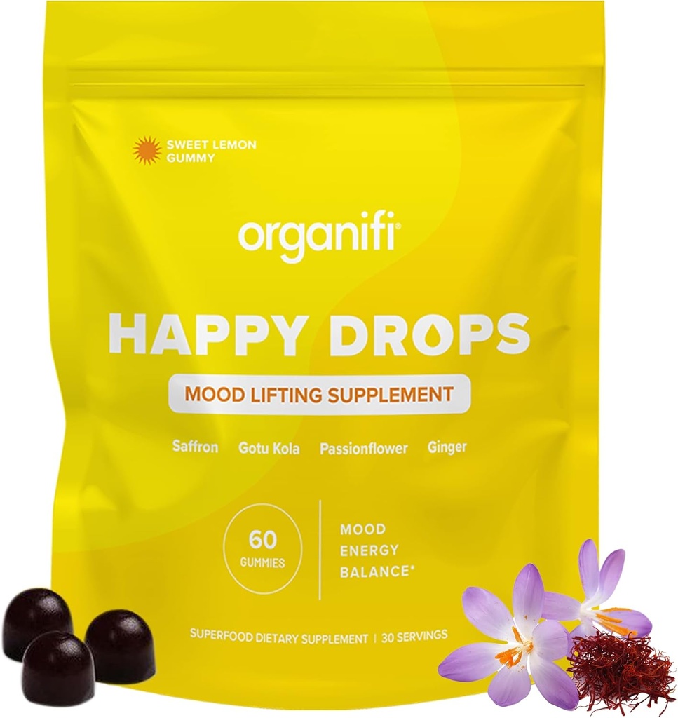 Organifi picaturi fericite - Super-alimente de zi cu zi Gume fericite pentru adulți - supliment de suport pentru echilibru, fericire, energie și de a lua Edge off - aroma de lămâie dulce - 60 gume