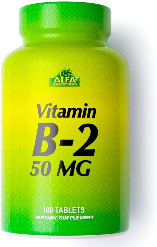 ALFA VITAMINS Vitamina B2 (Riboflavină) 50mg Supliment, Suportă producția de energie, piele, ochi și sănătate cognitivă, Non OMG, Gluten gratuit, Supliment alimentar pentru sănătate de zi cu zi și de bine a fi 100 comprimate