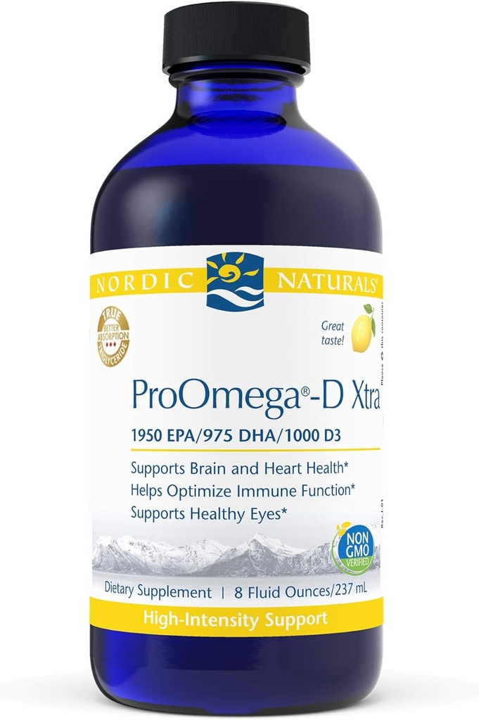 Nordic Naturals ProOmega-D Xtra Liquid, Lemon Flavor - 8 oz - 3400 mg Omega-3 + 1000 UI D3 - Ulei de pește de mare capacitate - EPA & DHA - Brain, Eye, Heart, & Immune Health - Non-GMO - 48 Servings