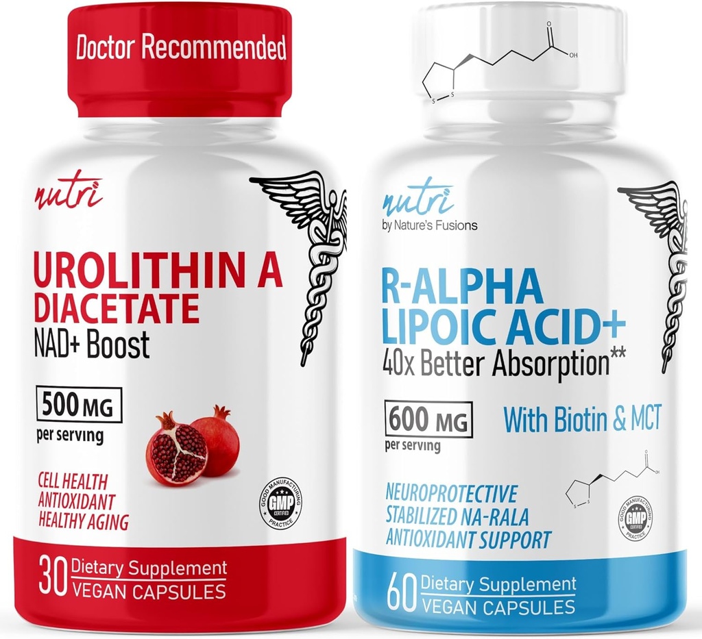 Fusions Natural Urolitin A Diacetat 500 mg & R Acid lipoic 600 mg (60 capsule) - Antioxidant/Energizant Bundle