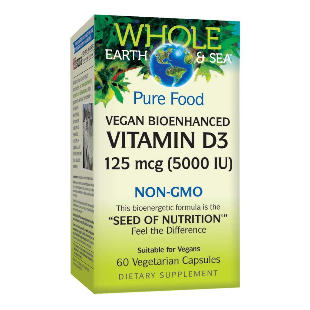 Factori naturali Întreg Pământul şi Marea Vitamina D3 125mcg (5.000 UI), Vegan Bioenhanced, 60 Capsule vegetariene